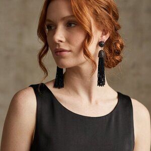 Deco Noir: Black & Gold Beaded Tassel Earrings